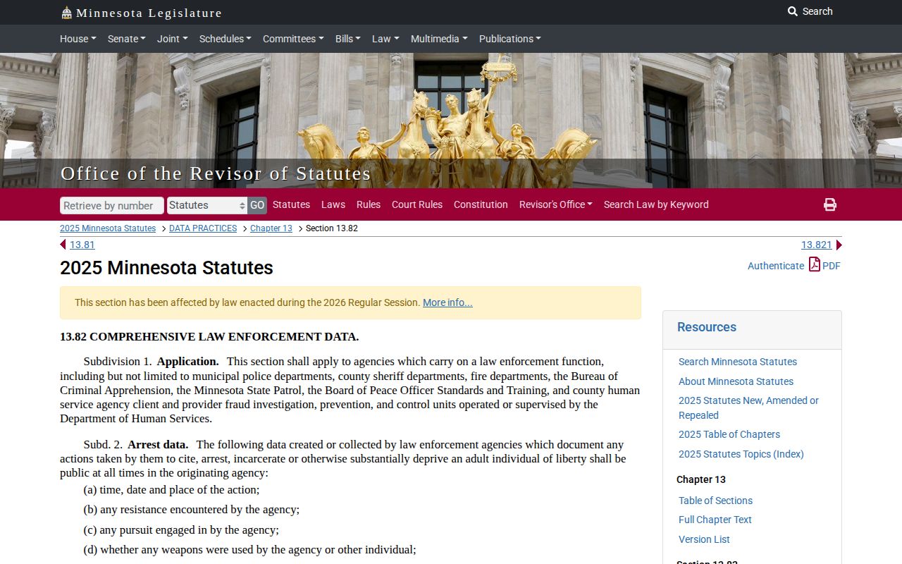 Minnesota public-data statute page covering arrest records and booking photos