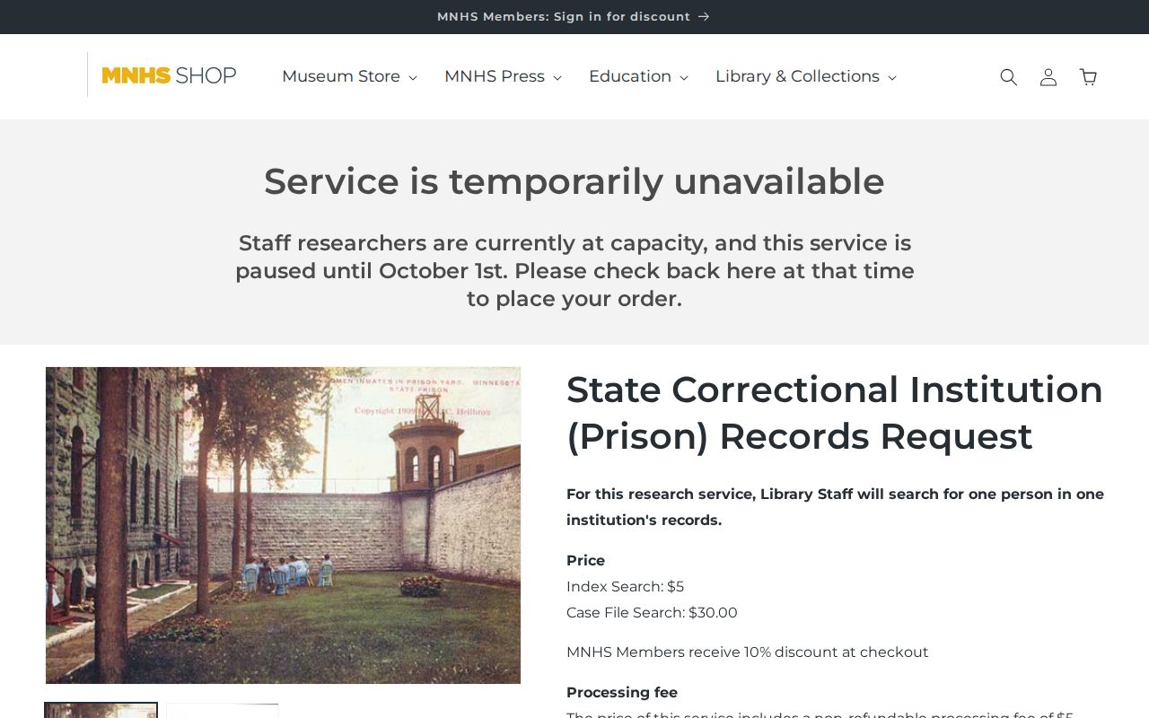Minnesota Historical Society state prison record request and access restrictions