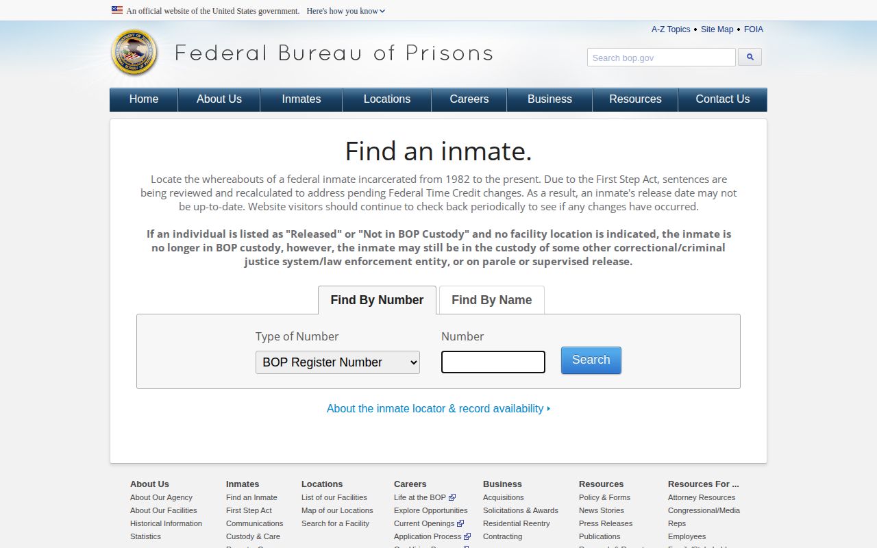 Federal Bureau of Prisons locator for federal custody records, separate from Minnesota jail bookings