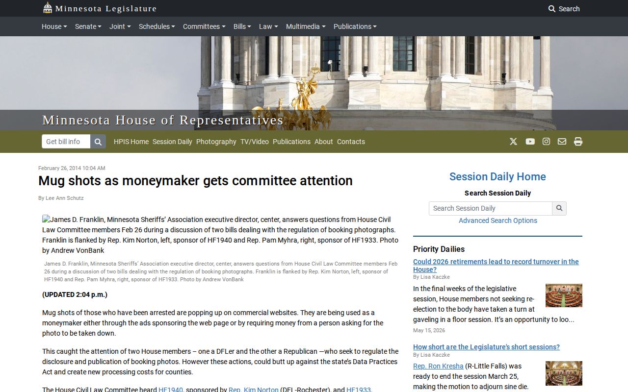 Minnesota House Session Daily report on a 2014 booking-photo bill