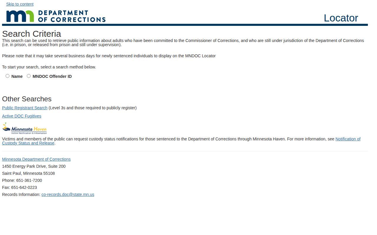 MNDOC Minnesota offender search form for adults under state correctional jurisdiction