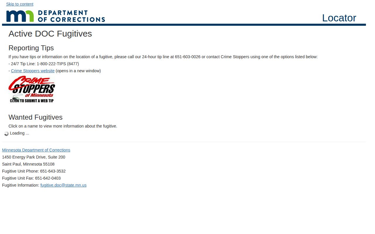 Minnesota DOC active fugitive search interface for official wanted notices
