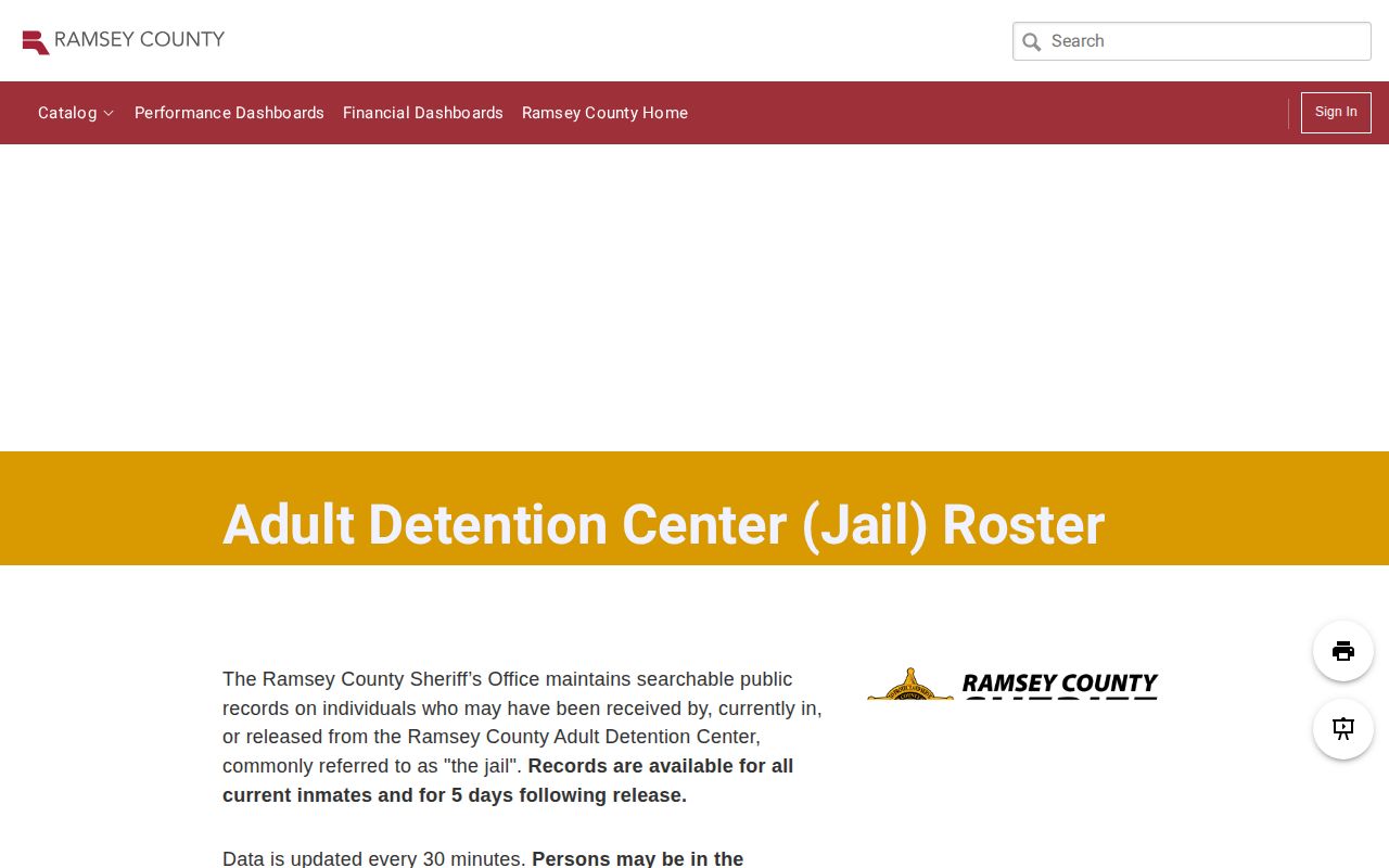 Ramsey County Minnesota adult detention center current-custody roster interface