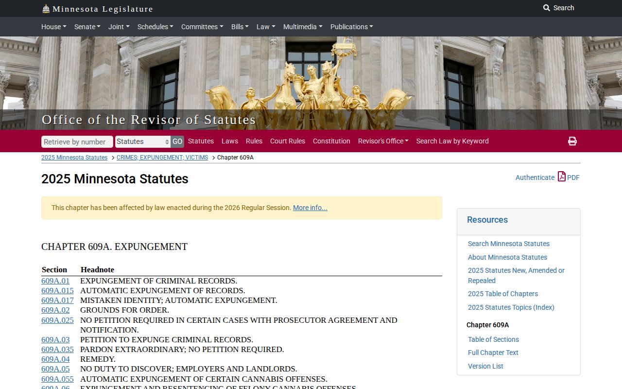 Minnesota Chapter 609A law page on expungement and sealed arrest records