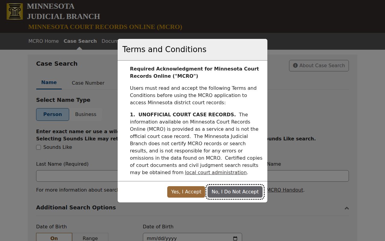 Minnesota Court Records Online case search form with an unofficial-record notice