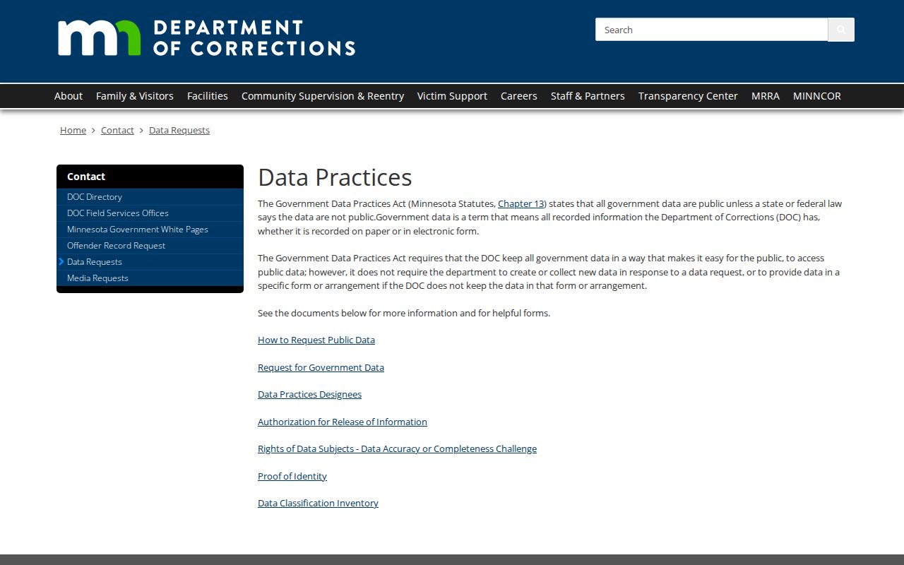 Minnesota DOC data request instructions for public records and offender files